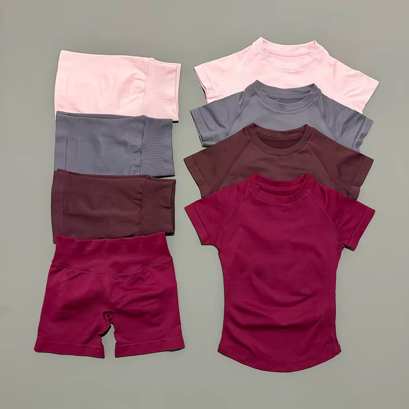 2 Pieces HISTELLO Sports Sets Short Sleeve Seamless Yoga Top Fitness Set Women Workout Running Sports Shorts Gym Suit