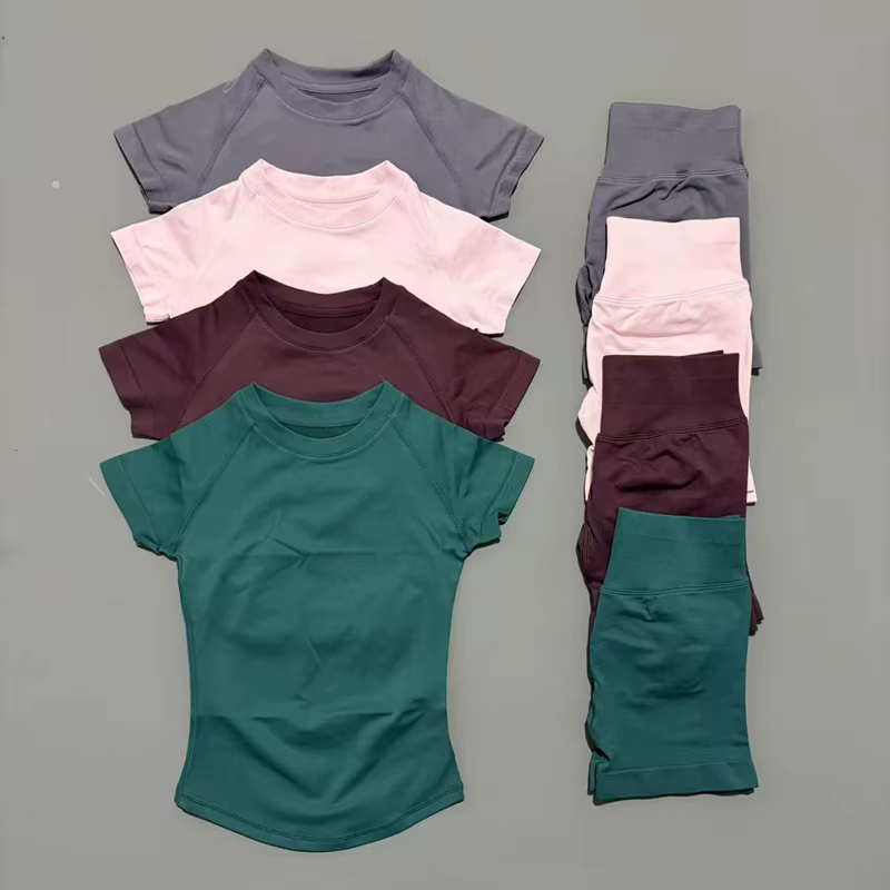 2 Pieces Sports Gym Sets Women Seamless Knitted Yoga Short Sleeve Top Fitness Set Workout Running Sports Short Leggings Suit